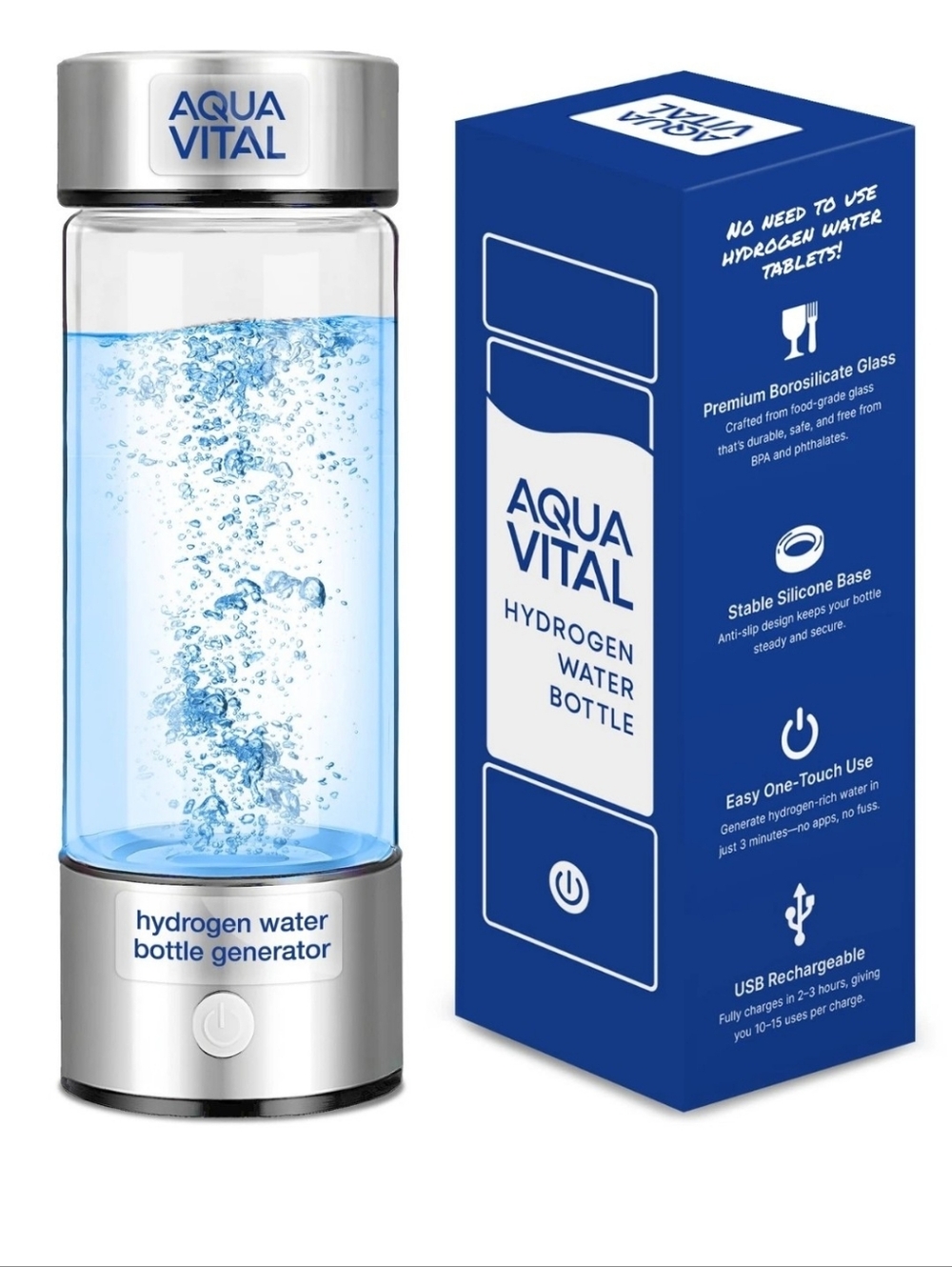 Aqua Vital Hydrogen Water Bottle Generator USB Rechargeable Glass – New